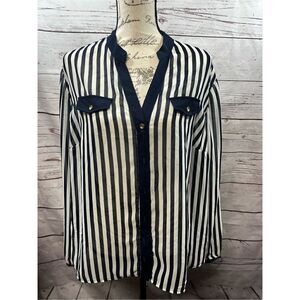 Miss Lili 2x navy blue‎ and white stripped shear blouse (#2031)
